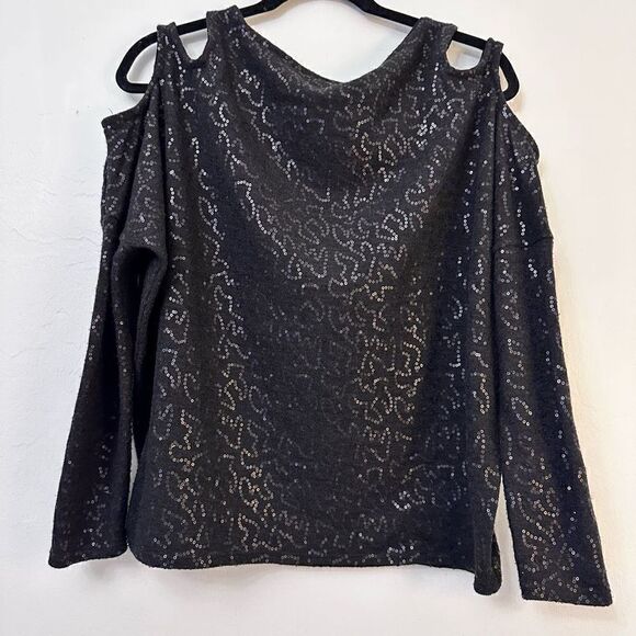 S-Twelve Long Sleeve Stretch Cold Shoulder Blouse Black Size Small - Picture 2 of 4